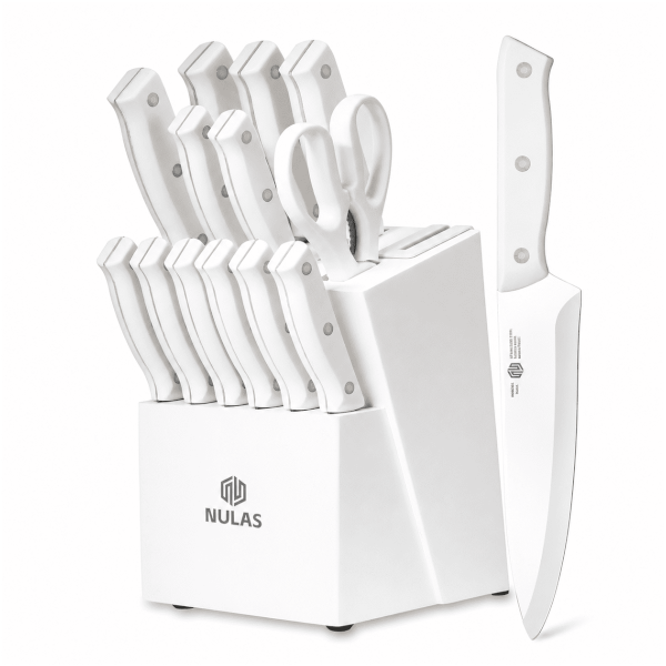 14-piece Nulas knife set with block and sharpener for $30