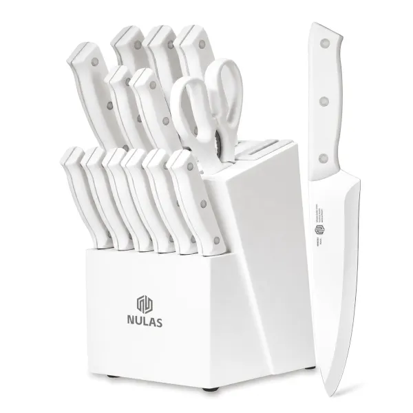 14-piece Nulas knife set with block and sharpener for $30