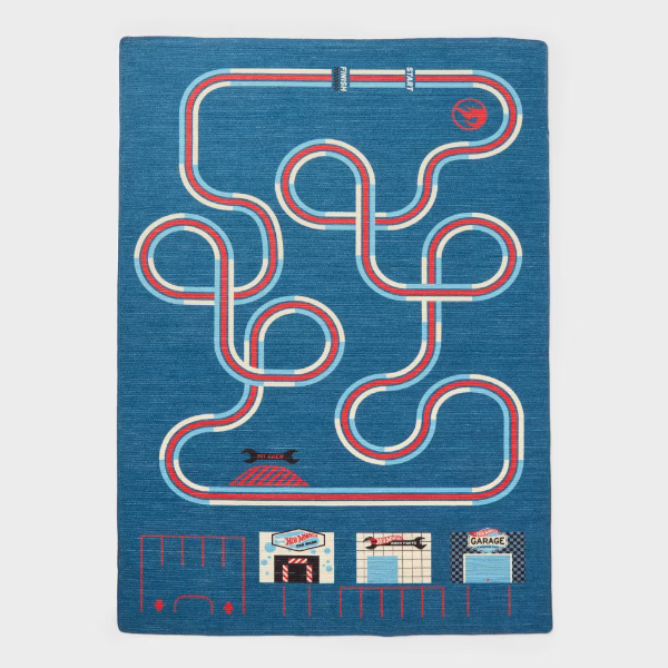 4' x 6' Hot Wheels Classic Blue Interactive Track Kid's Rug for $43