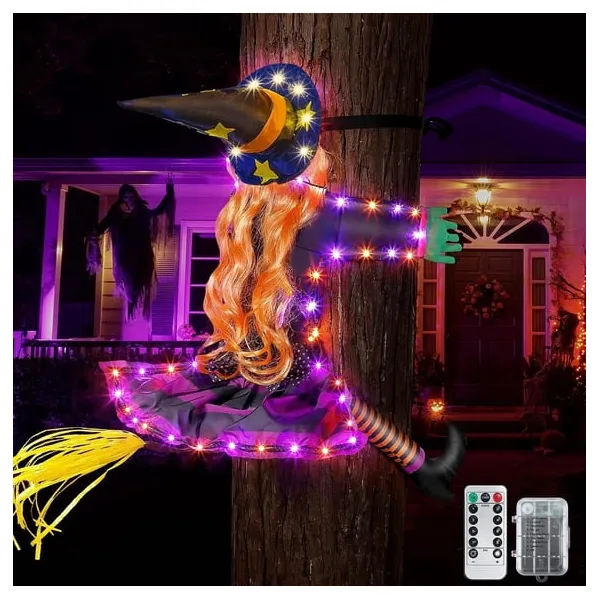 Dakimoe Halloween outdoor decoration witches crashing into a tree with LED lights for $16