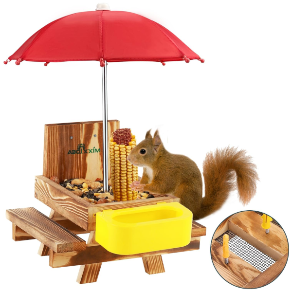 Mixxidea wooden squirrel feeder table with water bowl and umbrella for $13