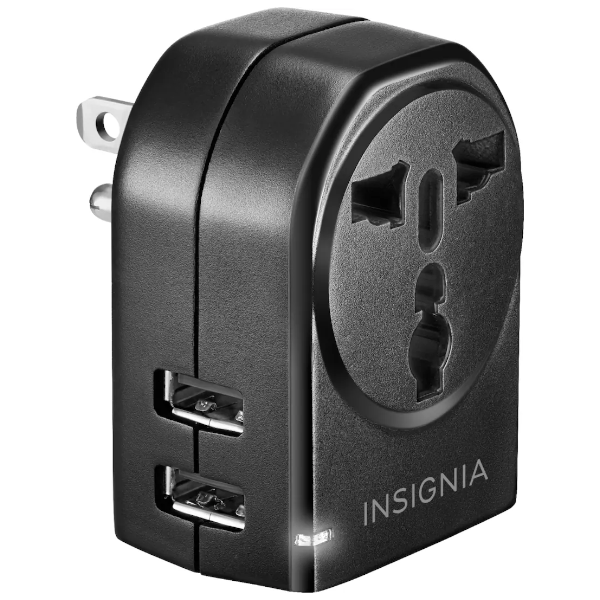 Open-box: Insignia grounded travel adapter with 2 USB ports for $4