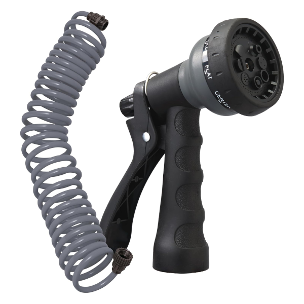 Orbit 25' coil garden hose with 8-pattern nozzle for $7