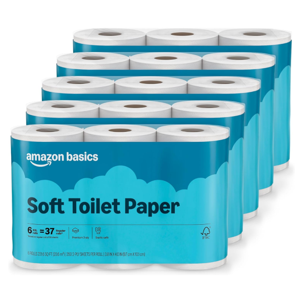 Prime members: 30-count Amazon Basics 2-ply soft toilet paper for $21