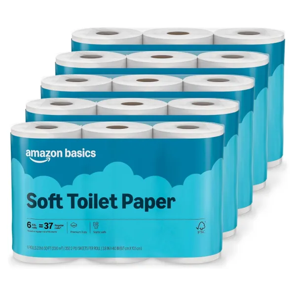 Prime members: 30-count Amazon Basics 2-ply soft toilet paper for $21