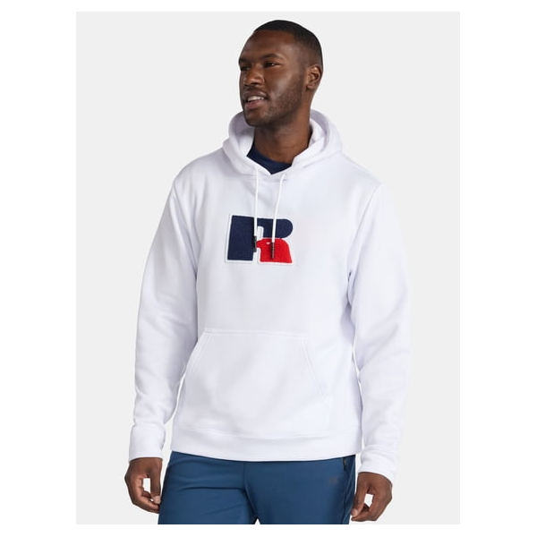 Russell Athletic men's pullover hoodie with chenille logo patch for less than $9