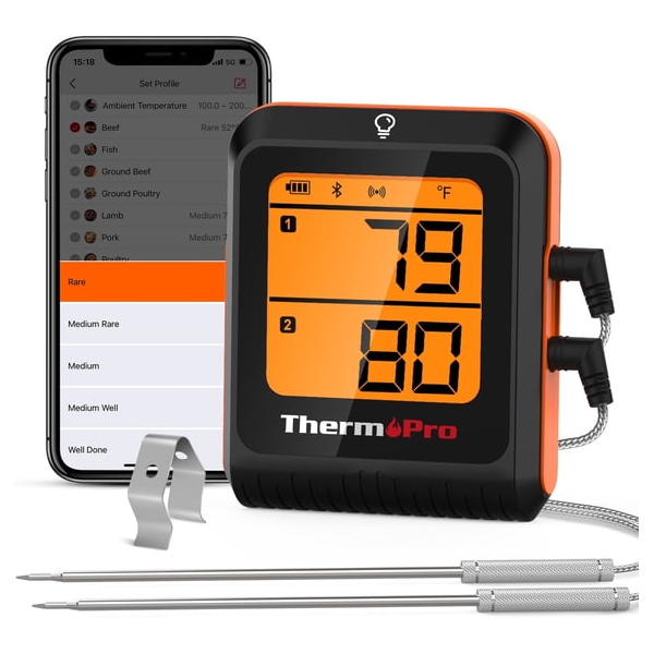 ThermoPro TP920W 650-ft. wireless Bluetooth meat thermometer with dual probes for $25