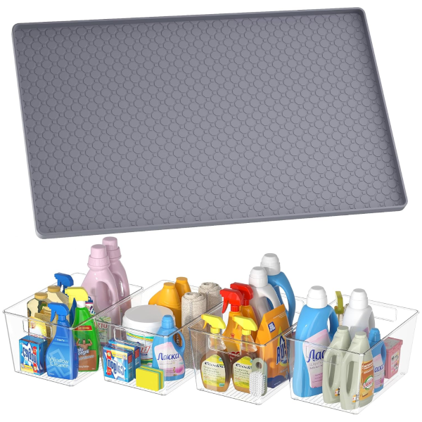 Waterproof 34" x 22" under sink mat with 4 piece clear plastic storage bins for $15